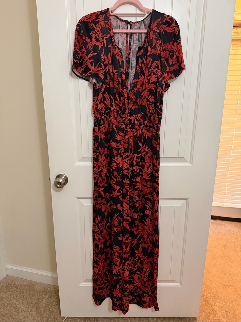 Anthropologie Black Jumpsuit with Red Floral Print Sz Medium